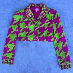 ★ Sugar Thrillz Dolls Kill Neon Pink & Green Houndstooth Cropped Blazer Top ★